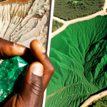 **A vibrant aerial view of a Zambian emerald mine, showcasing both the artisanal extraction process and the lush green landscape surrounding it. In the foreground, a close-up of a miner holding a rough, uncut emerald. In the background, a map of Zambia highlighting the location of emerald mines.**