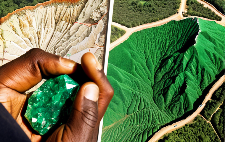 **A vibrant aerial view of a Zambian emerald mine, showcasing both the artisanal extraction process and the lush green landscape surrounding it. In the foreground, a close-up of a miner holding a rough, uncut emerald. In the background, a map of Zambia highlighting the location of emerald mines.**