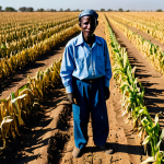 A Zambian small-scale farmer, fully clothed in modest, traditional work attire, stands in a vast, arid maize field with dry, withered crops. The ground is cracked, and the sun is intense, casting long shadows. The farmer has a natural, concerned yet resilient expression. The scene captures the devastating impact of drought on agriculture. Professional photography, high detail, realistic lighting, perfect anatomy, correct proportions, natural pose, well-formed hands, natural body proportions, safe for work, appropriate content, fully clothed, family-friendly.