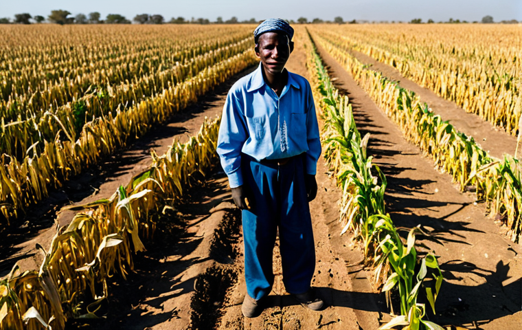 A Zambian small-scale farmer, fully clothed in modest, traditional work attire, stands in a vast, arid maize field with dry, withered crops. The ground is cracked, and the sun is intense, casting long shadows. The farmer has a natural, concerned yet resilient expression. The scene captures the devastating impact of drought on agriculture. Professional photography, high detail, realistic lighting, perfect anatomy, correct proportions, natural pose, well-formed hands, natural body proportions, safe for work, appropriate content, fully clothed, family-friendly.