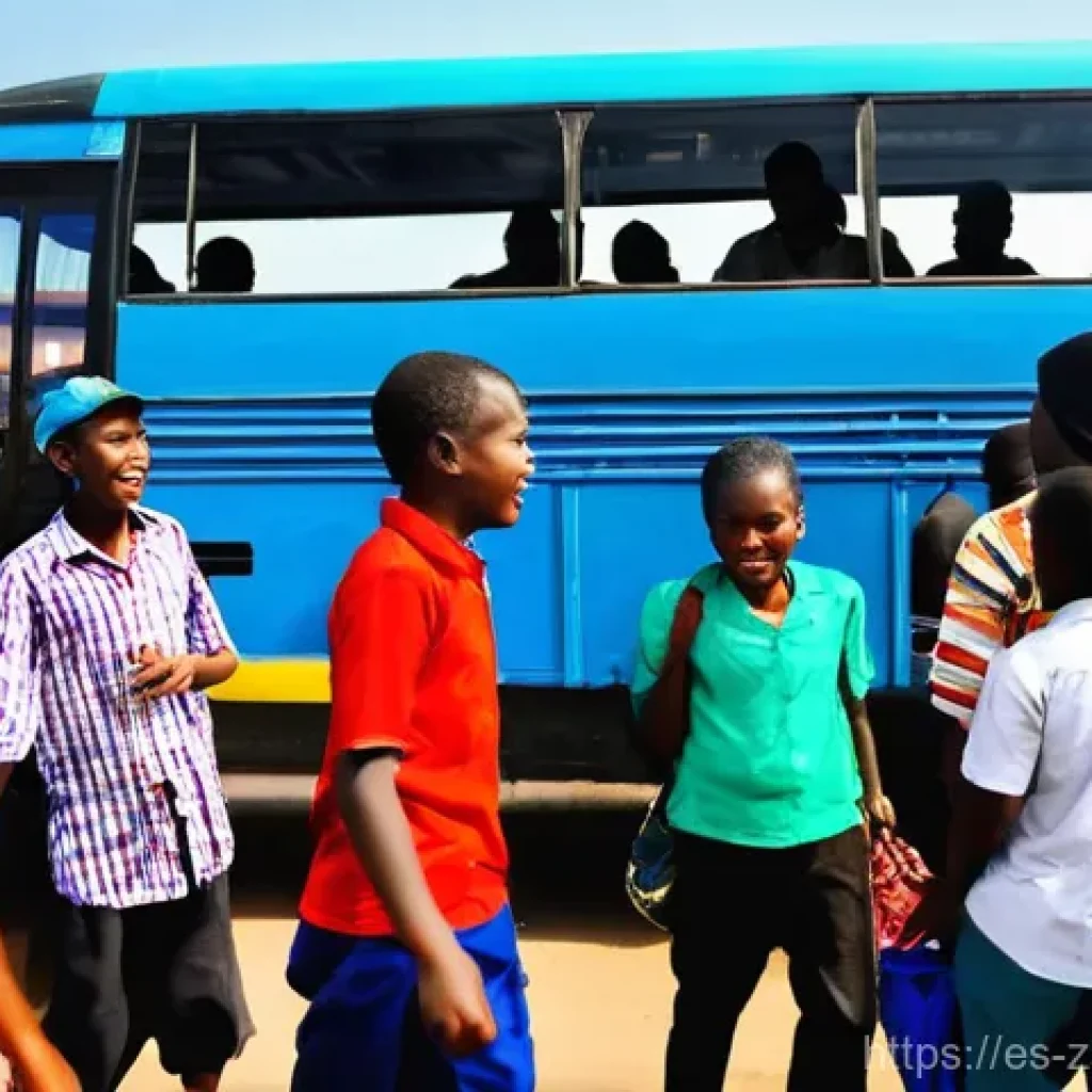 잠비아 버스 노선 - **Prompt:** A bustling and vibrant scene at the Intercity Bus Terminus in Lusaka, Zambia, at midday....