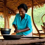 잠비아 로컬 숙소 - **Prompt:** A warm, inviting scene inside a rustic yet clean Zambian kitchen or outdoor cooking area...