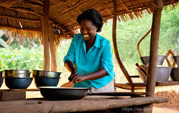 잠비아 로컬 숙소 - **Prompt:** A warm, inviting scene inside a rustic yet clean Zambian kitchen or outdoor cooking area...