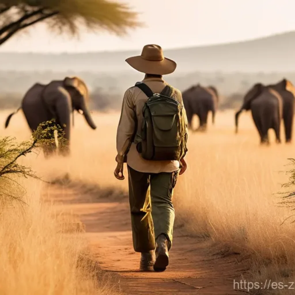 잠비아 사파리 캠핑 - **Prompt 1: "South Luangwa Walking Safari at Golden Hour"**
    A lone adventurer, a woman in her la...