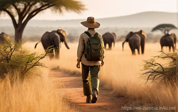 잠비아 사파리 캠핑 - **Prompt 1: "South Luangwa Walking Safari at Golden Hour"**
    A lone adventurer, a woman in her la...