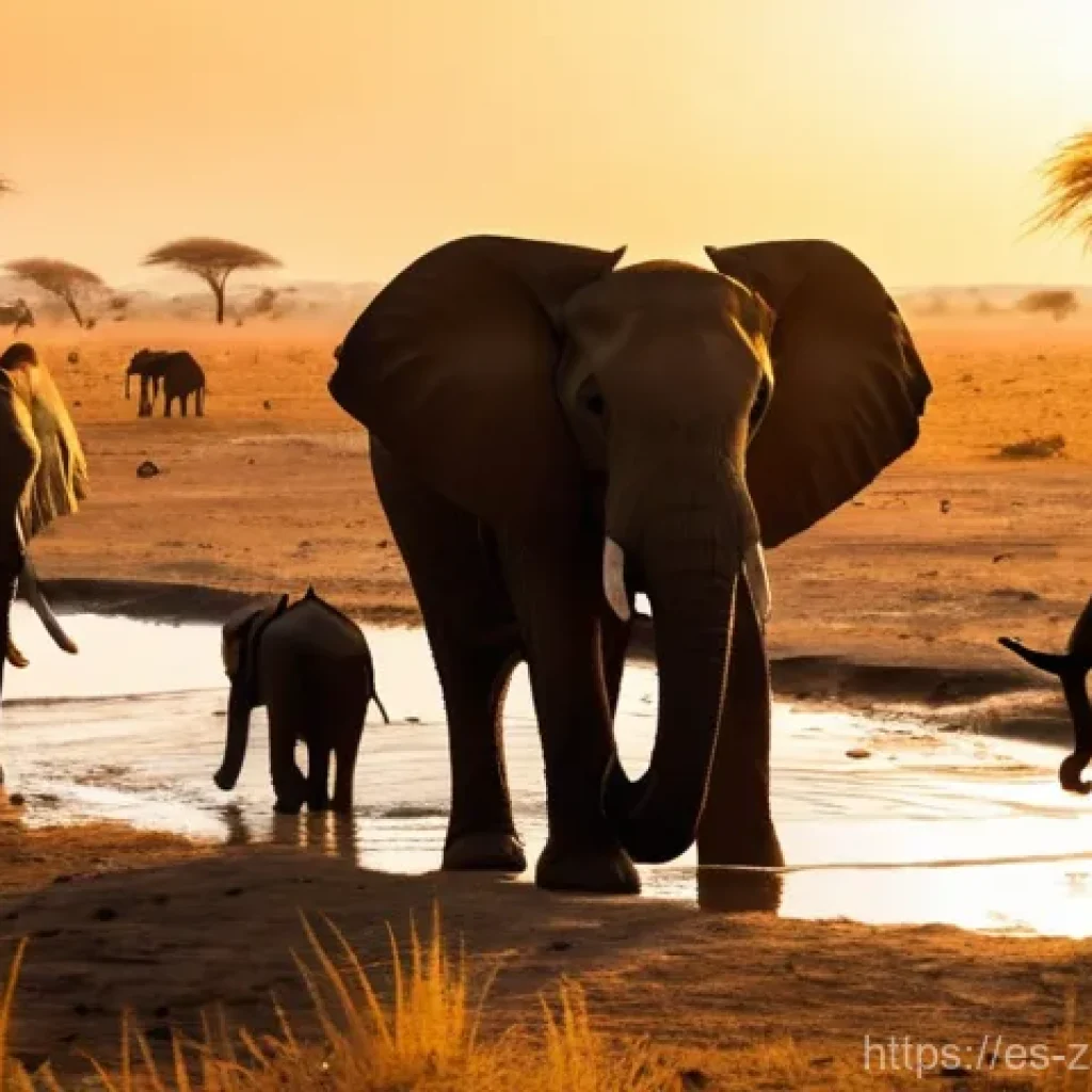 잠비아 건기와 우기 - **Prompt:** A classic wide shot of the Zambian savanna at sunset during the dry season. The sky is a...