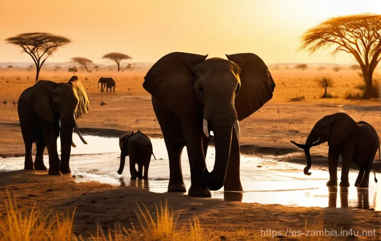 잠비아 건기와 우기 - **Prompt:** A classic wide shot of the Zambian savanna at sunset during the dry season. The sky is a...