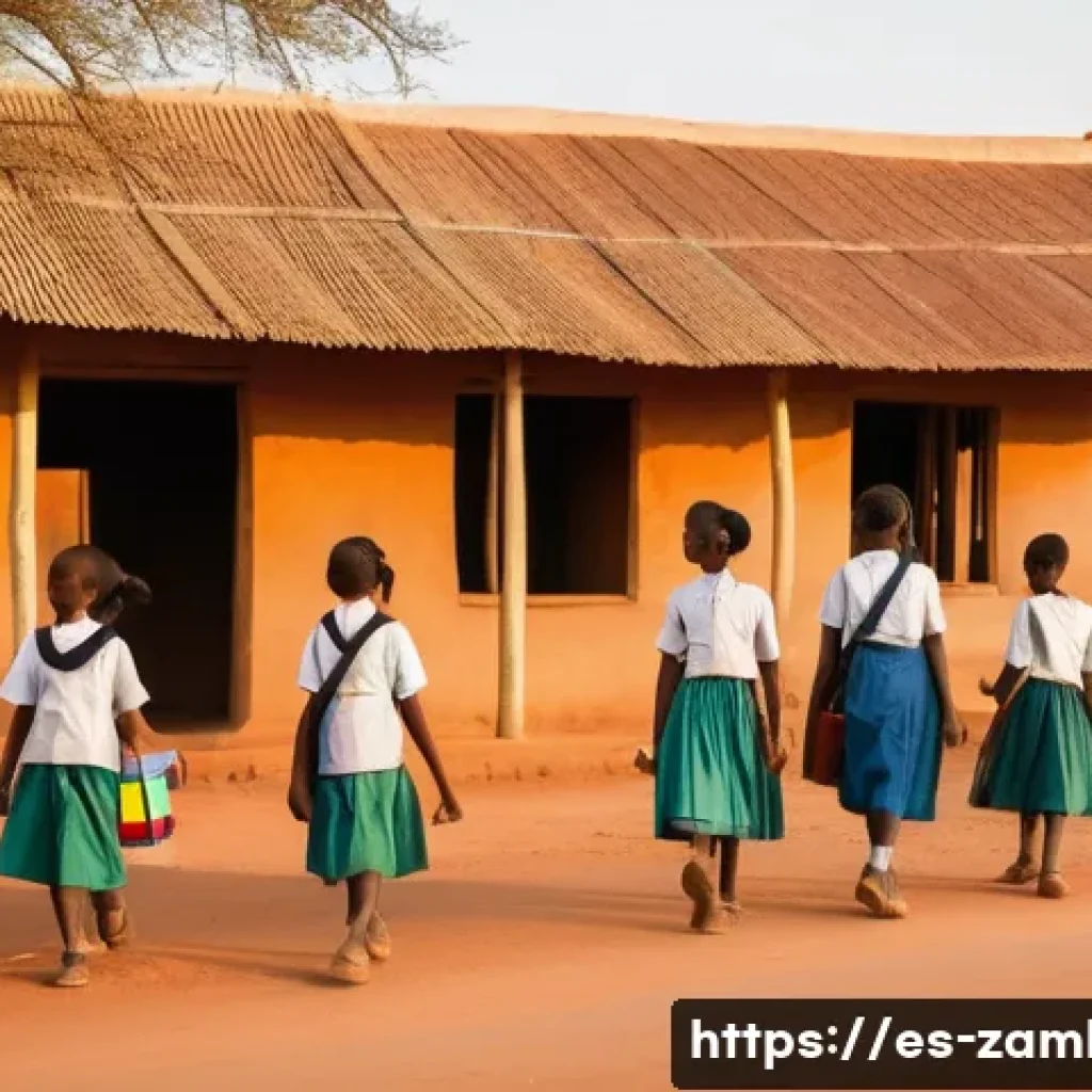 잠비아 여성 인권 - A rural Zambian village school scene at sunrise, showing a group of young girls wearing colorful tra...