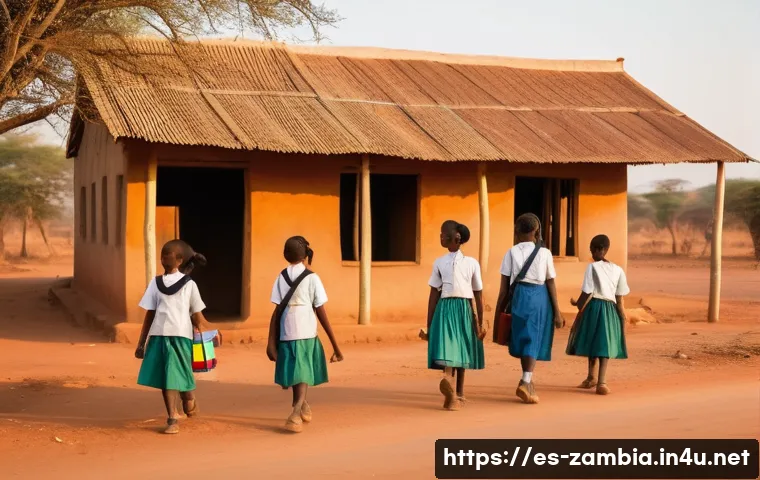 잠비아 여성 인권 - A rural Zambian village school scene at sunrise, showing a group of young girls wearing colorful tra...