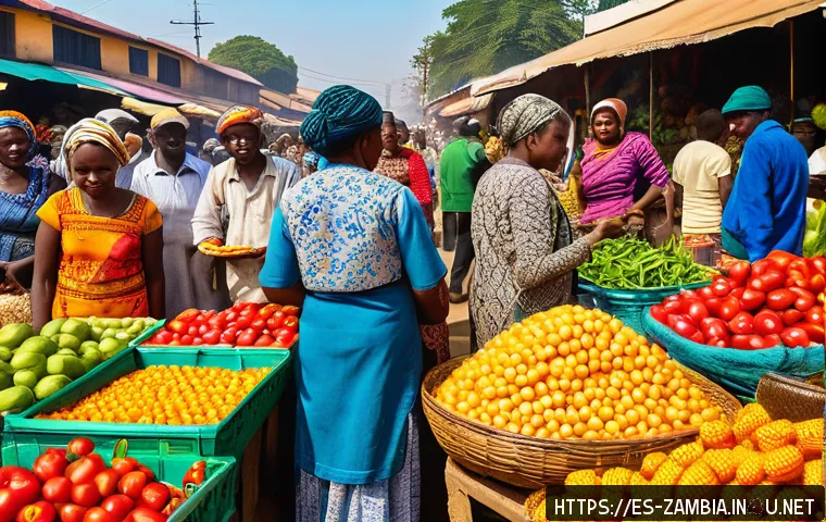 잠비아 현지 시장 탐방 - A vibrant traditional Zambian market scene bustling with activity during early morning hours. Stalls...