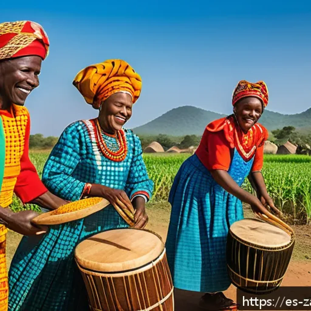 잠비아 축제 및 행사 - A vibrant traditional Zambian harvest festival scene featuring a multi-generational community dancin...