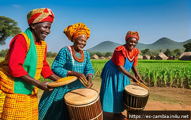 잠비아 축제 및 행사 - A vibrant traditional Zambian harvest festival scene featuring a multi-generational community dancin...