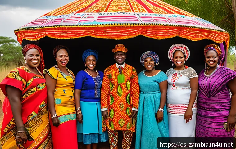 잠비아 전통 결혼식 - A vibrant Zambian traditional wedding scene featuring the bride dressed in a colorful chitenge fabri...