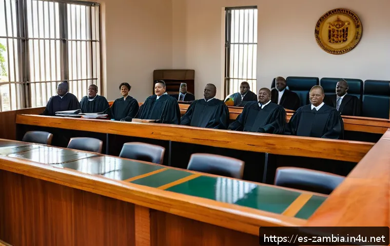 잠비아 법률 제도 - A detailed courtroom scene in Zambia showing a diverse group of judges, lawyers, and court staff in ...