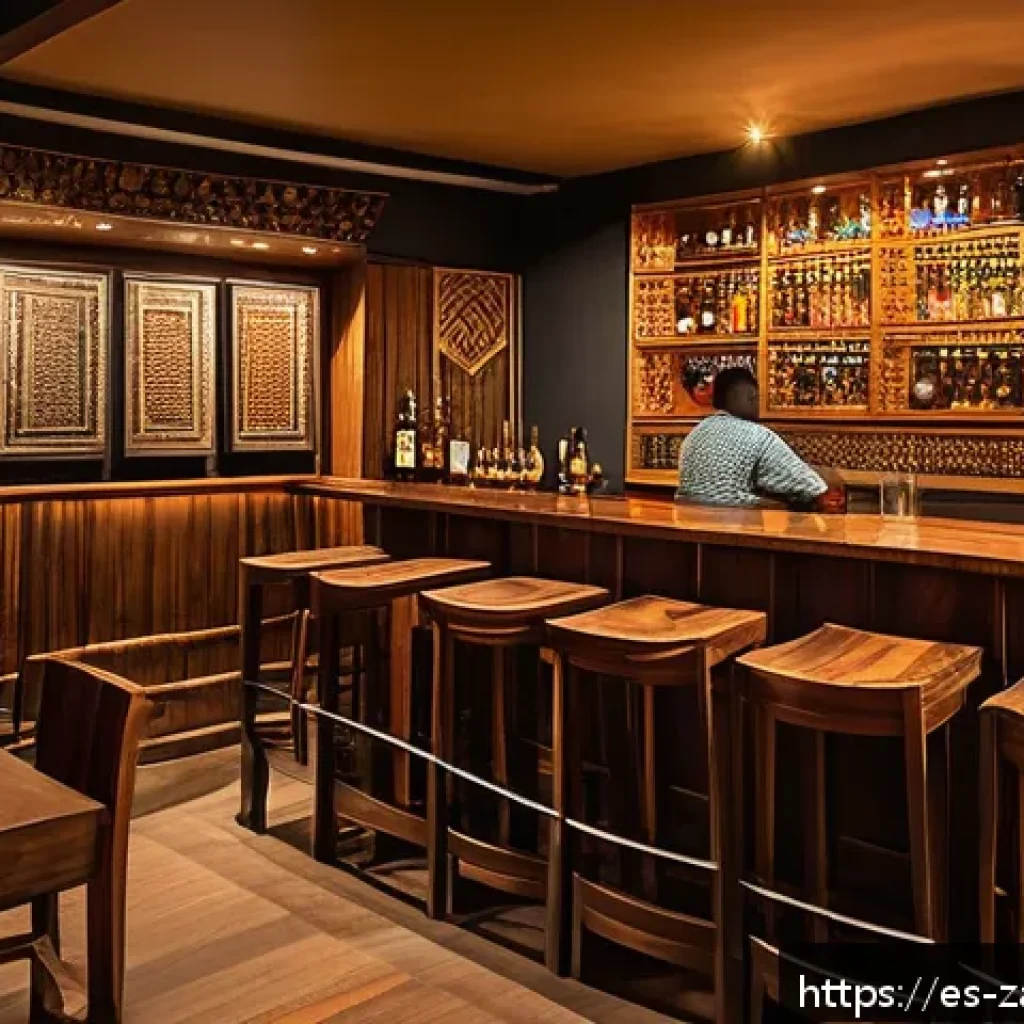 잠비아 나이트라이프 - A cozy, modernized traditional bar in Lusaka at night, featuring rustic wooden furniture blended wit...