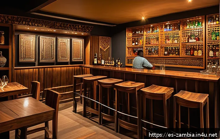잠비아 나이트라이프 - A cozy, modernized traditional bar in Lusaka at night, featuring rustic wooden furniture blended wit...