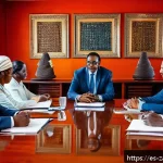잠비아 비즈니스 문화 - A detailed scene of a formal business meeting in Zambia, featuring a diverse group of professionals ...