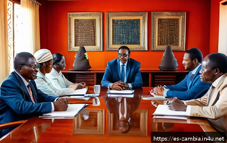 잠비아 비즈니스 문화 - A detailed scene of a formal business meeting in Zambia, featuring a diverse group of professionals ...