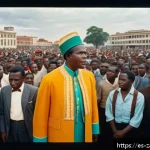잠비아 유명 인물 - A vibrant scene depicting a visionary Zambian independence leader addressing a large, diverse crowd ...