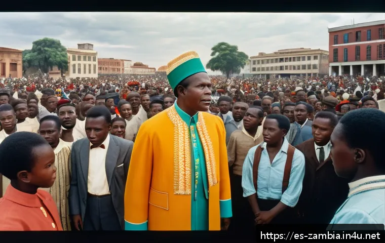 잠비아 유명 인물 - A vibrant scene depicting a visionary Zambian independence leader addressing a large, diverse crowd ...