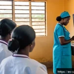 잠비아 의료 시스템 - A modern rural health clinic in Zambia equipped with digital medical record systems, showing healthc...