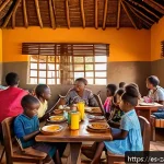 잠비아 음식 가격 - A warm, inviting Zambian local restaurant interior with wooden tables and colorful traditional decor...
