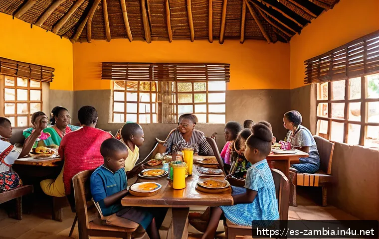 잠비아 음식 가격 - A warm, inviting Zambian local restaurant interior with wooden tables and colorful traditional decor...