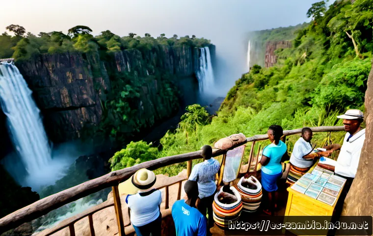 잠비아 관광 수익 - Photorealistic wide-angle scene of Victoria Falls in Zambia at golden sunrise, mist glowing above th...