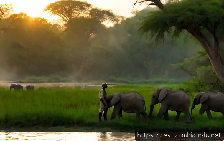 잠비아 야생동물 보호 - Photorealistic wildlife conservation scene in Zambia’s South Luangwa National Park, a trained local ...
